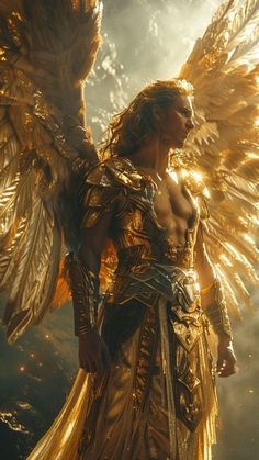 a man dressed in gold with wings on his chest