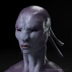 an alien woman with purple hair and piercings on her head, staring at the camera