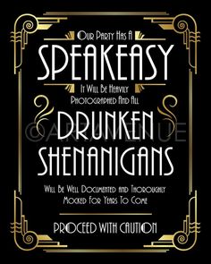 a black and gold poster with the words speakeasy