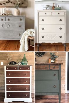 four different types of dressers with drawers and knobs on the top one is painted white