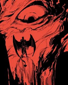 a red and black drawing of a demon