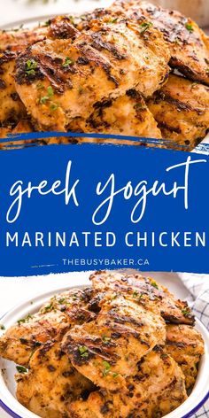 greek yogurt marinated chicken on a white plate with blue text overlay