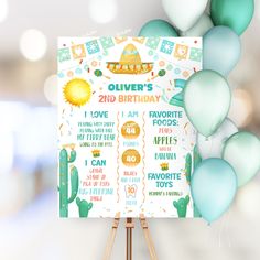 a birthday sign with balloons in the background and an image of a mexican hat on it