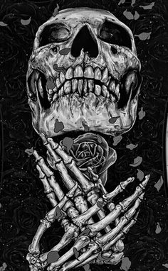 a black and white drawing of a skeleton holding a rose