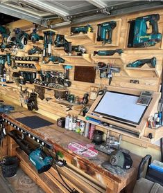 a workbench with many tools on it