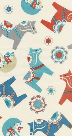 an image of fabric with dogs and flowers on it in blue, red, white and grey colors