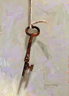 a painting of a key hanging from a hook on a wall with paint splattered over it