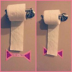 two pictures of toilet paper with pink bows on them