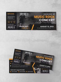 two concert ticket templates with an orange and black design on the front one is for music rock concert