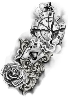 a black and white drawing of an ornate clock with roses on it's side