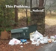 there is trash on the side of the road next to a fire hydrant that says, this problem solved