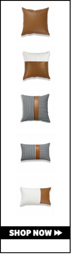 four pillows with different shapes and colors on them, one is brown the other is white