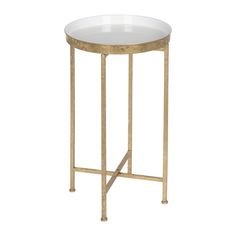 a white and gold side table with a glass top on an iron stand, isolated against a white background