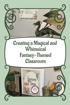 a green book cover with an image of a dragon and other items on the shelf