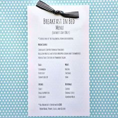 breakfast in bed menu hanging on a wall