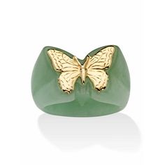 PalmBeach Jewelry exclusive. Playful, yet elegant, this charming green or black jade butterfly ring is designed as an unforgettable ornament for your finger. An artful fashion-forward fun edge green jade in 14k yellow gold or black jade in 10k yellow gold. We recommend that you order one size up for this style. As this item contains genuine jade, the actual stone colors may vary slightly. 48644RNG Size: 8.  Gender: female.  Age Group: adult. Jade Butterfly, Gold Butterfly Ring, Green Ring, Dope Jewelry, Butterfly Ring, Jade Ring, Jade Jewelry, Gold Butterfly, Ring Style