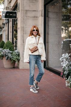 Casual winter outfit Free People Teddy Jacket with denim, camel cross body bag, denim and Golden Goose sneakers Casual Winter Outfit, Love Soft, Goose Sneakers, Soft Jacket, Golden Goose Sneakers, Teddy Jacket