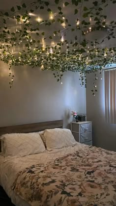 a bed with lots of lights hanging from it's ceiling and some plants growing over the headboard