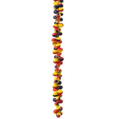 multicolored beads are hanging from a string on a white background with space for text