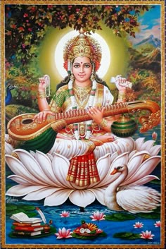 the goddess sitting on top of a swan with a flute in her hand and surrounded by water lilies