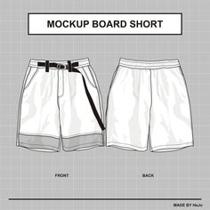 the front and back view of a mock up board shorts, with measurements for each side