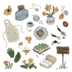 an illustration of various items that include eggs, bread and flowers