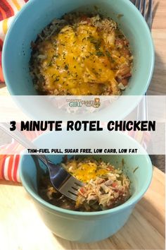 three bowls filled with different types of food and the words 3 minute rotel chicken