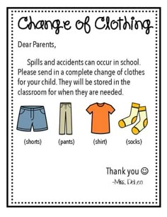 a poster describing clothes for children with the words change of clothing on it and an image of