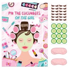 the cover of pin the cucumbers on the girl book is surrounded by accessories