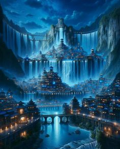 a painting of a city with waterfalls and lights in the sky at night time