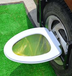 an open toilet seat on the grass next to a car door with its lid up