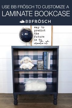 a book shelf with a stuffed animal on top