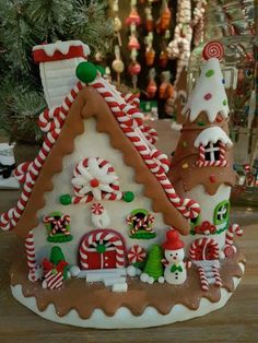 a gingerbread house decorated with candy canes and candies