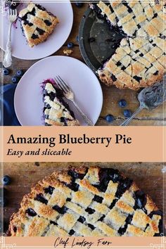 an image of a blueberry pie on a plate with a slice cut out and ready to eat