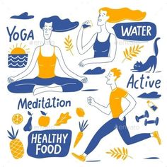 a man and woman are doing yoga, water, meditation, healthy food - people characters