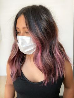 Pink Hair Streaks Light Brown, Subtle Pink Highlights In Black Hair, Pink Red And Brown Hair, Highlights In Brown Hair Color Streaks, Shoulder Length Hair With Pink Highlights, Face Frame Purple Hair, Pink Hair With Brunette, Blonde And Pink Highlights On Dark Hair, Brunette Pink Peekaboo