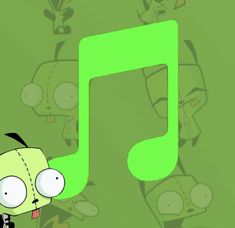 a green music note with cartoon faces on it and an animated character in the foreground