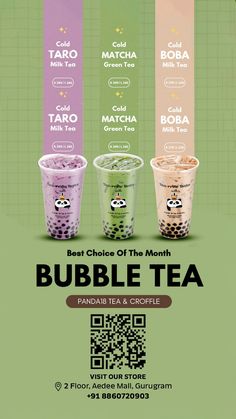 bubble tea advertisement with three cups and the text bubble tea is in different colors, from green to purple