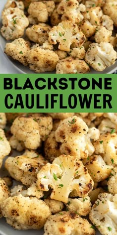 roasted cauliflower on a plate with text overlay