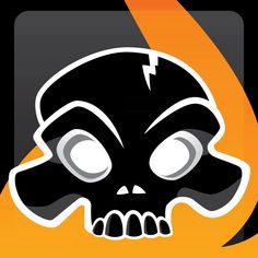 a black and white skull with glowing eyes in front of an orange flame on a black background