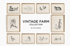 the vintage farm collection set of 20 prints is shown in black and white, with an assortment