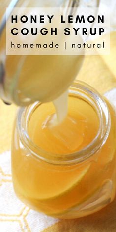 honey lemon cough syrup is being poured into a jar