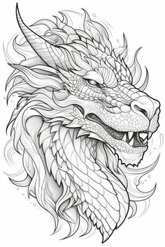 the head of a dragon with long, wavy hair and large fangs on it's face