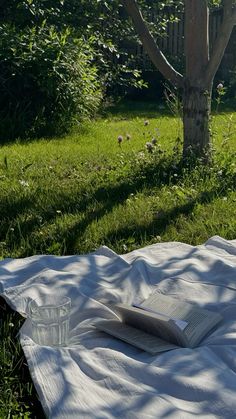 an open book on a blanket in the grass