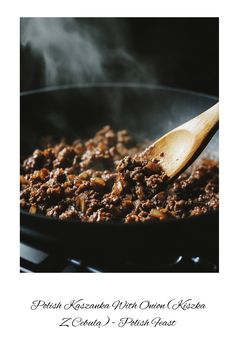 a wooden spoon stirring food in a skillet with steam rising from the top and bottom