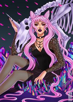 a woman with pink hair sitting on the ground next to a horse skull and skeleton