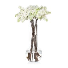 white flowers in a clear vase on a white background