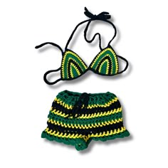 Crochet Mesh Shorts with matching Bikini top in Jamaica Flag colors. Option to add striped bucket hat available. Bikini is halter top with ties behind the neck and at the back. Shorts have tie at waist area. Set is made to order- size guidelines in photos. Can be made to exact measurements if requested in personalization section. Crochet Mesh Shorts, Jamaica Crochet, Crochet Matching Set, Striped Bucket Hat, Jamaica Outfits, Carnival Fashion, Mesh Crochet, Hello Kitty Crochet, Crochet Bathing Suits