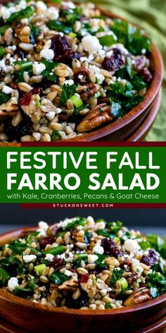 Learn how to make the best farro salad for your easy Thanksgiving side dishes! It's an easy salad recipe that's still festive and full of Fall flavors, but light and healthy, just what our bodies need after two days of the goods. A must-try! Farro Fall Salad, Farro Salad Recipes Fall, Autumn Farro Salad, Thanksgiving Recipes Make Ahead Sides, Fall Farro Recipes, Autumn Grain Salad, Ferro Salad Recipes, Make Ahead Fall Salad, Farro Kale Salad