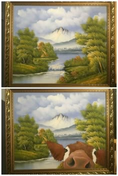 two paintings of cows in front of a mountain lake